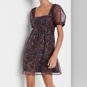 Wild Fable Black Floral Organza Muse Puff Sleeve Dress